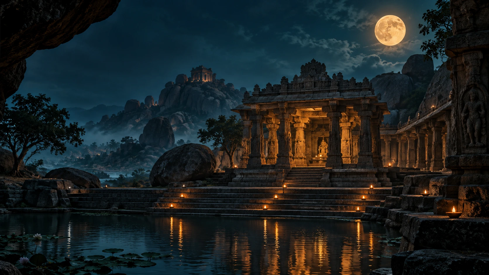 An imagined Hampi-inspired courtyard at blue hour, with stone steps, warm lamps and a moonlit sky