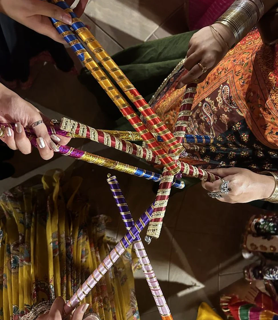Colourful dandiya sticks held together