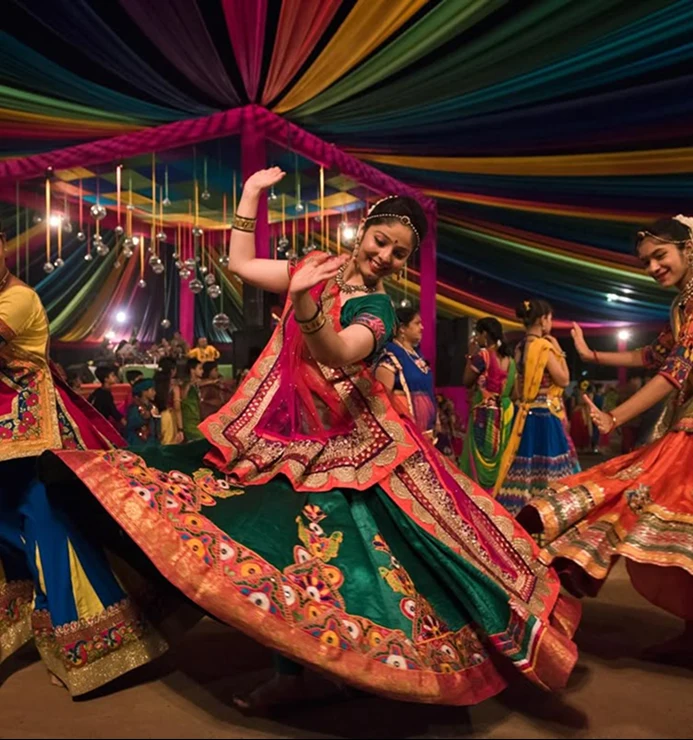 Garba dancers beneath a colourful canopy